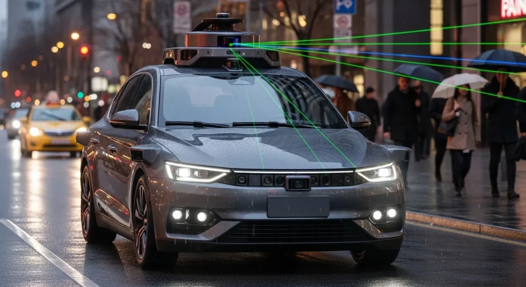 Autonomous vehicle navigating a city street with sensor technology