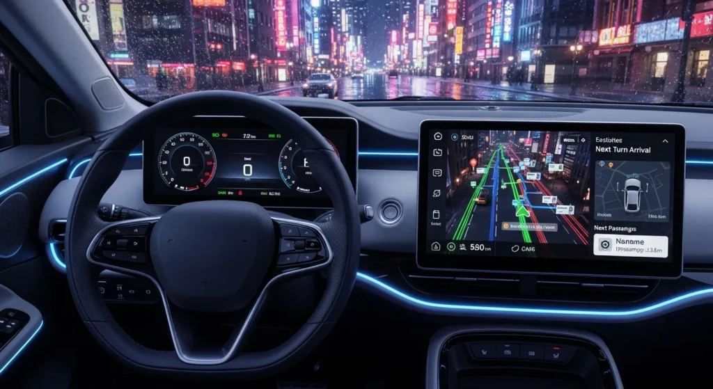 Electric rideshare vehicle dashboard and navigation during a city shift