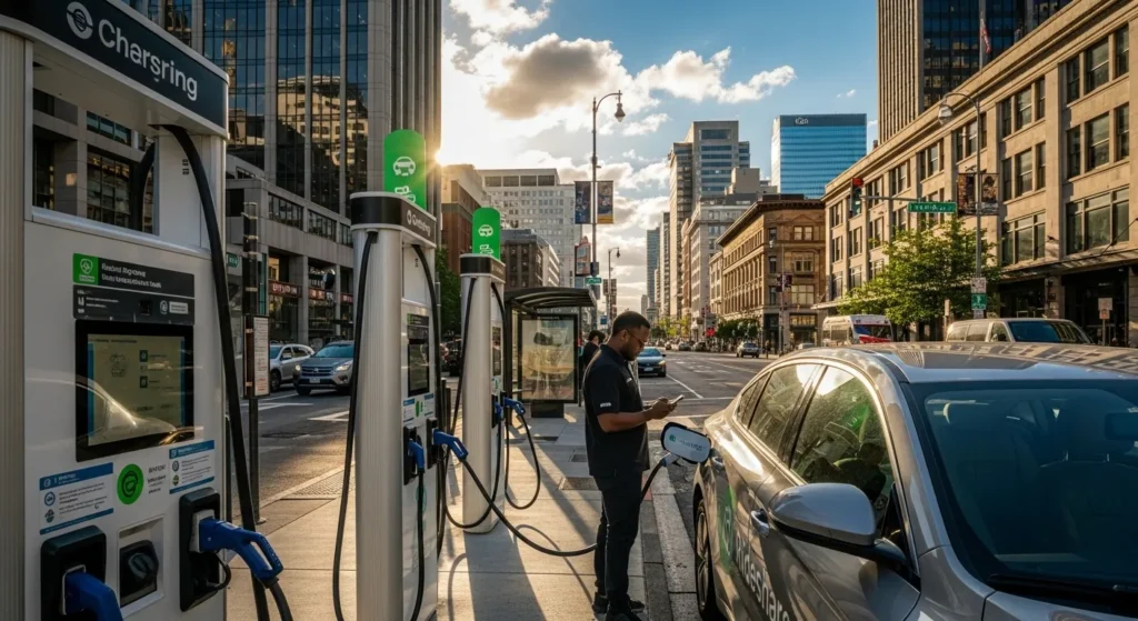 Electric vehicle charging station used by a rideshare driver in the city