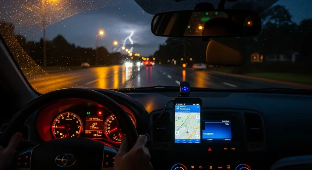 Night driving setup inside a rideshare vehicle