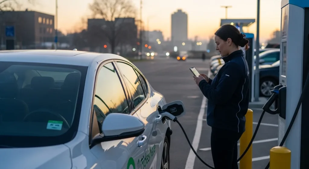 Rideshare driver charging an electric vehicle before starting a shift