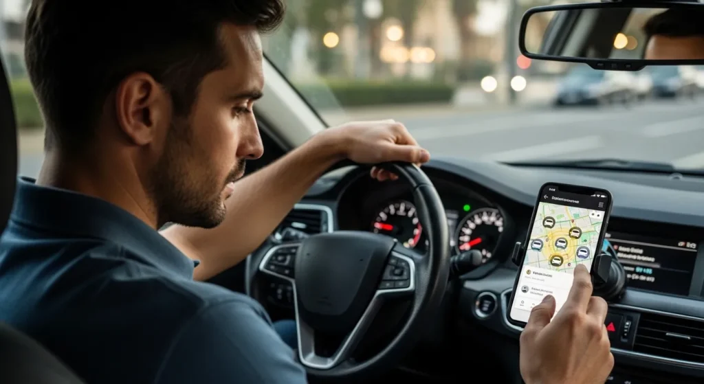 Rideshare driver checking the app before starting a busy shift