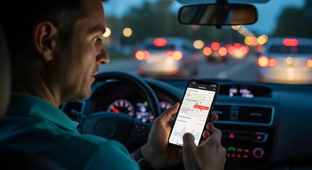 Rideshare driver checking the app to improve trip earnings