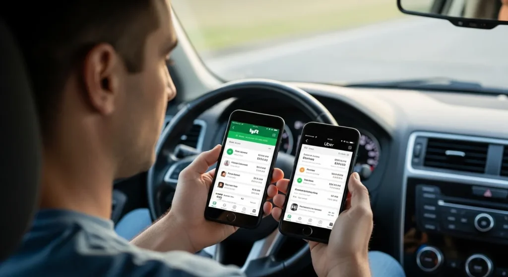 Rideshare driver comparing Lyft and Uber apps before going online