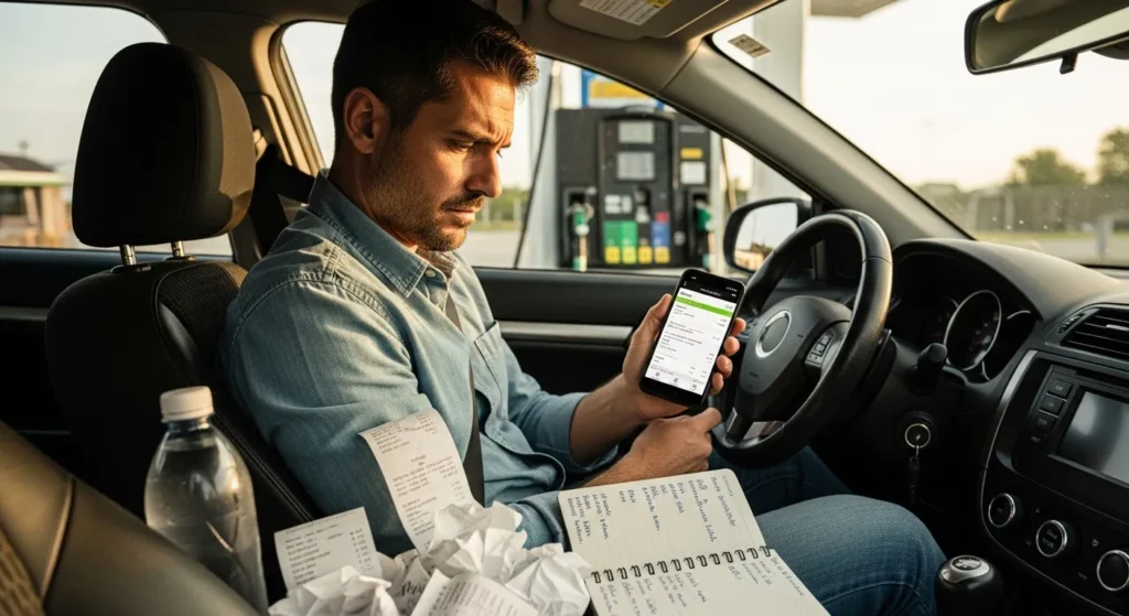 Rideshare driver managing fuel costs and vehicle expenses
