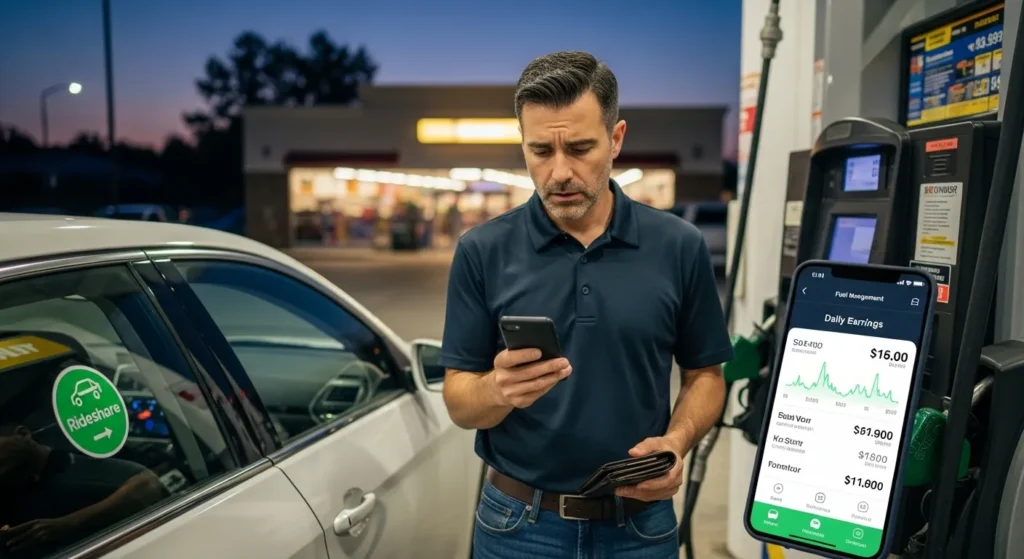 Rideshare driver managing fuel costs before a shift
