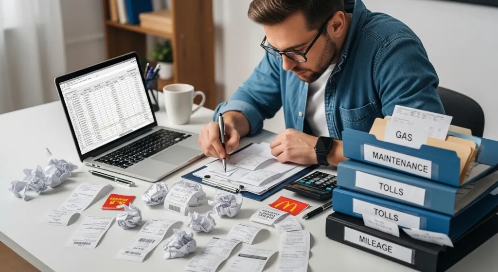Rideshare driver organizing tax receipts and expense records