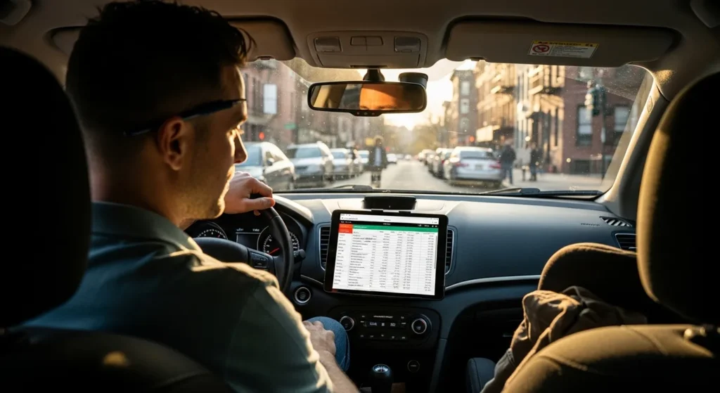 Rideshare driver reviewing mileage and tax records before a shift