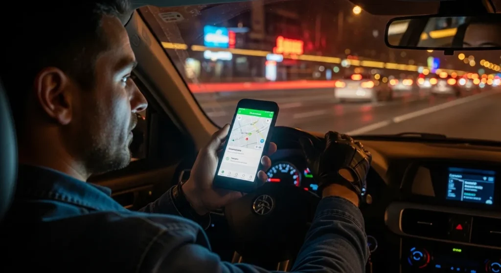 Rideshare driver reviewing pickup details before a late-night trip