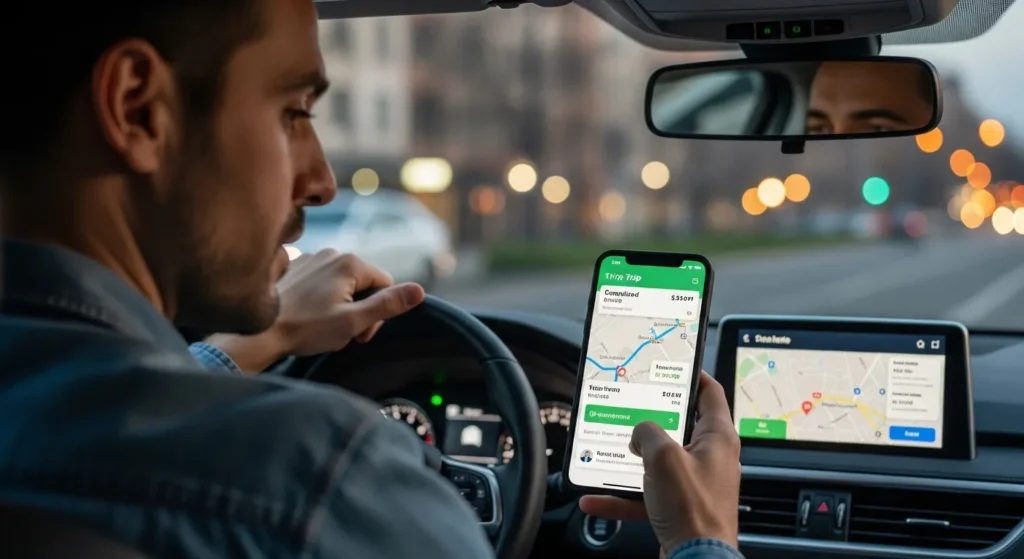 Rideshare driver reviewing trip and navigation tools in the app