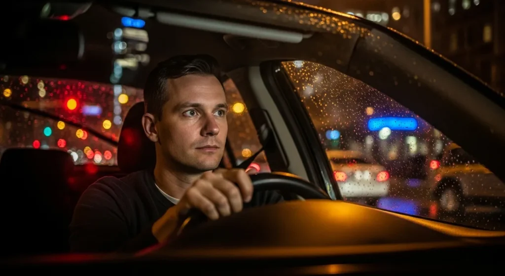 Rideshare driver staying alert during a city trip at night
