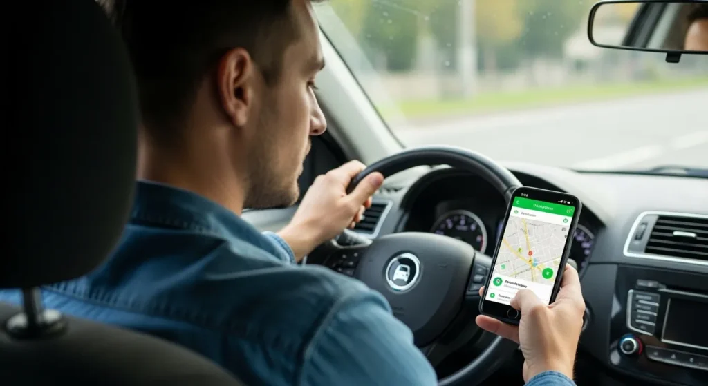Rideshare driver using a mobile app before accepting a trip
