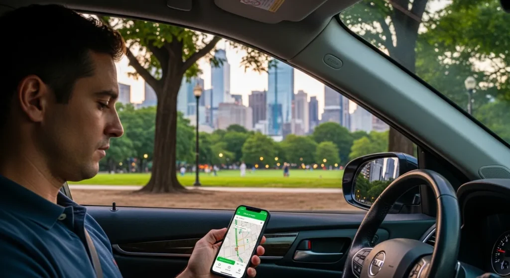 Rideshare driver waiting for a passenger pickup in the city
