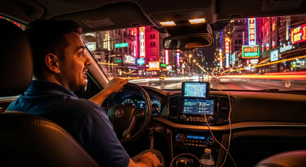 Rideshare driver working a busy evening shift in the city