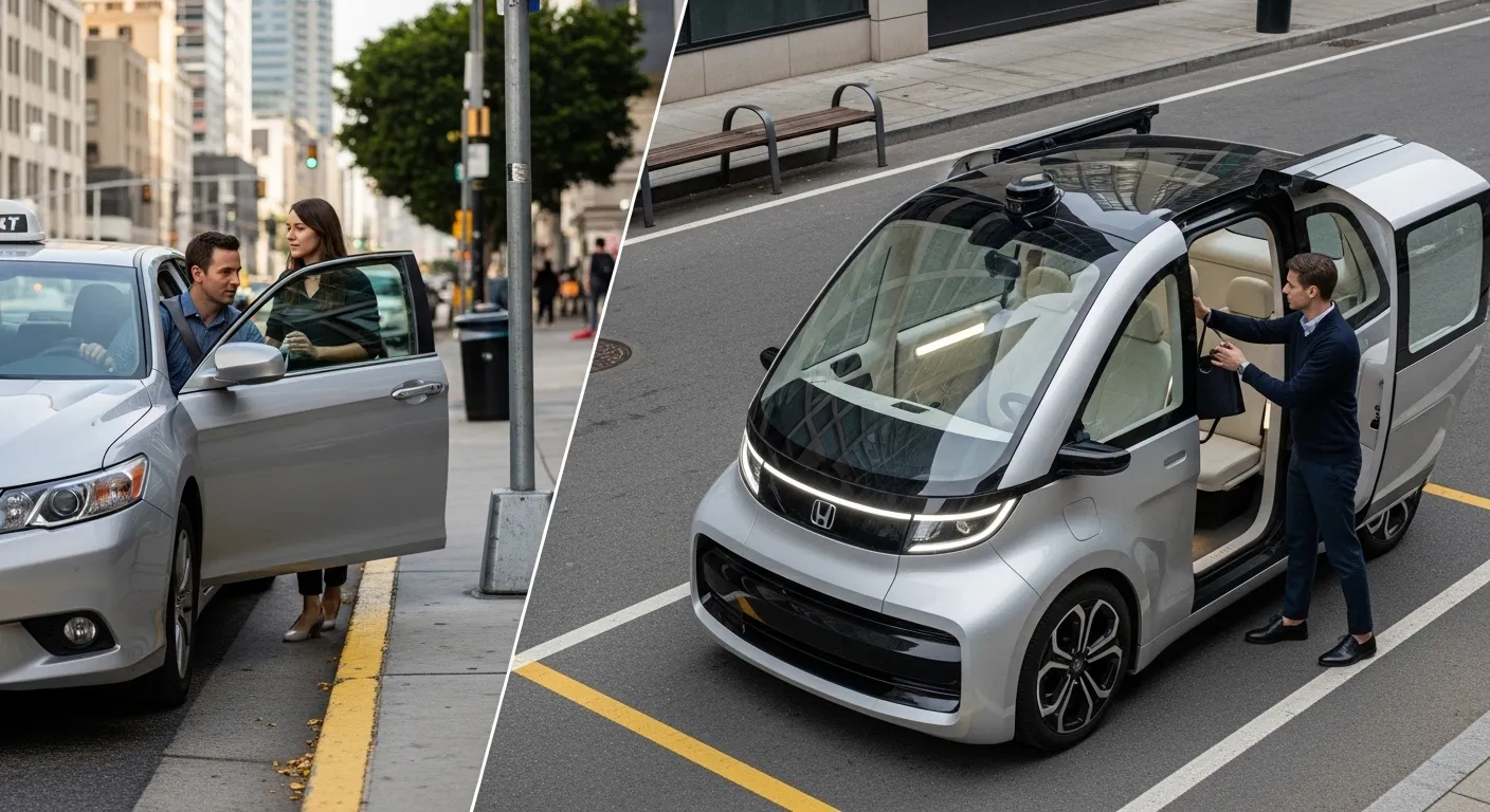 Traditional rideshare car and robotaxi sharing the same pickup area