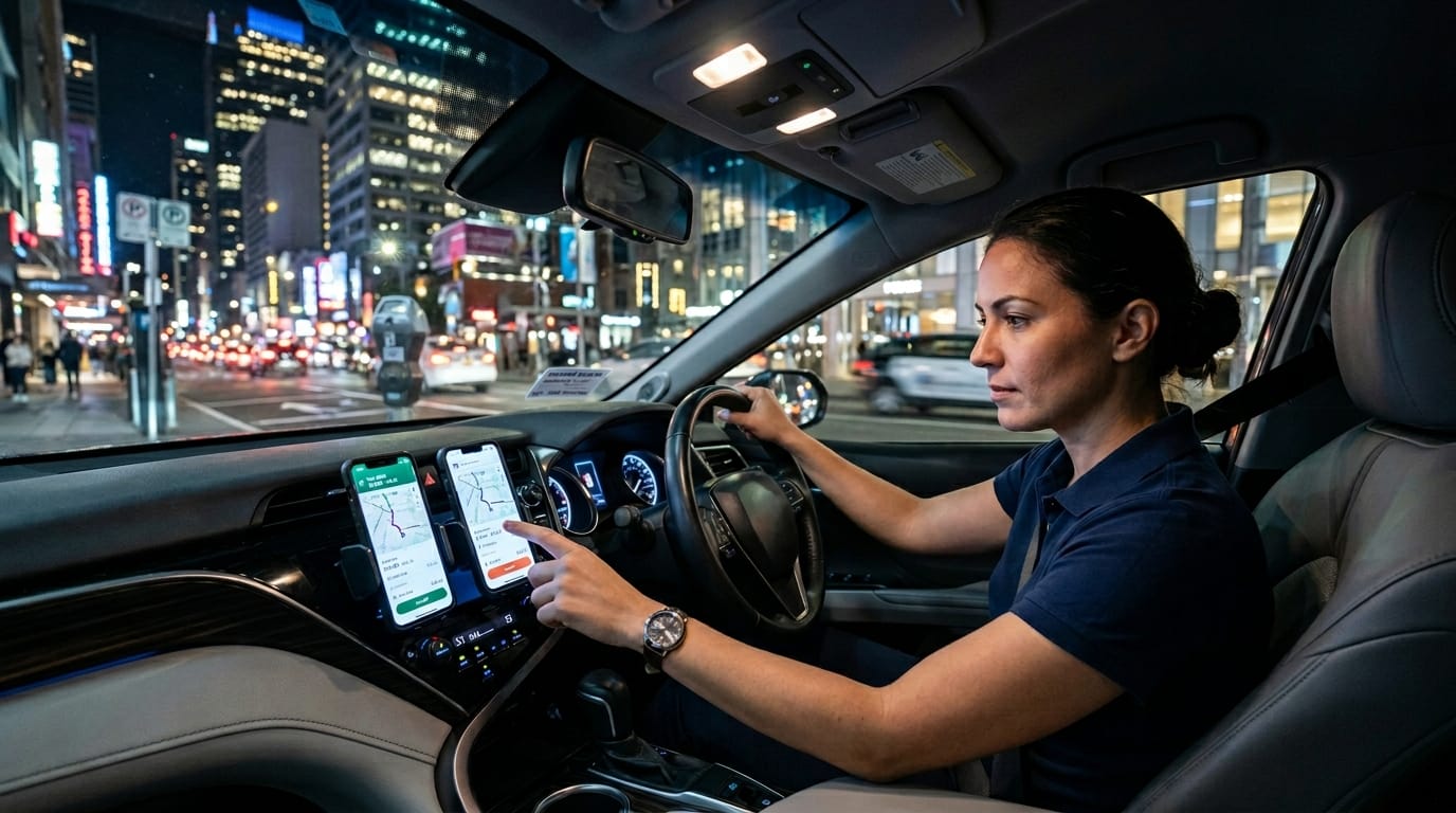 Driver comparing rideshare app offers before starting a shift