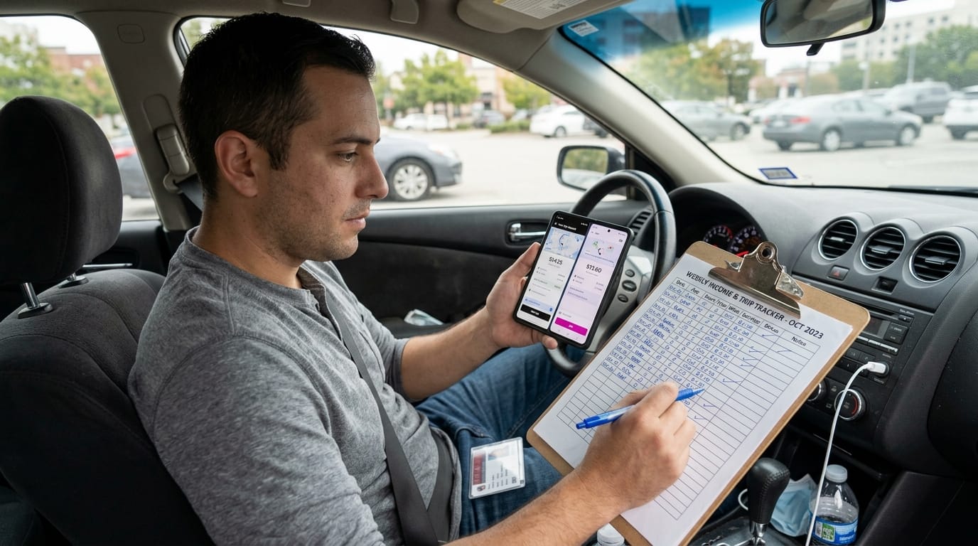 Driver comparing rideshare trip offers and tracking real profit