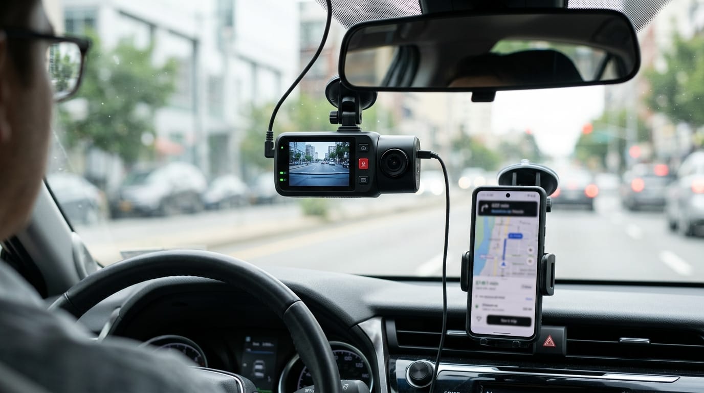 Dual-facing rideshare dashcam recording inside and outside the vehicle