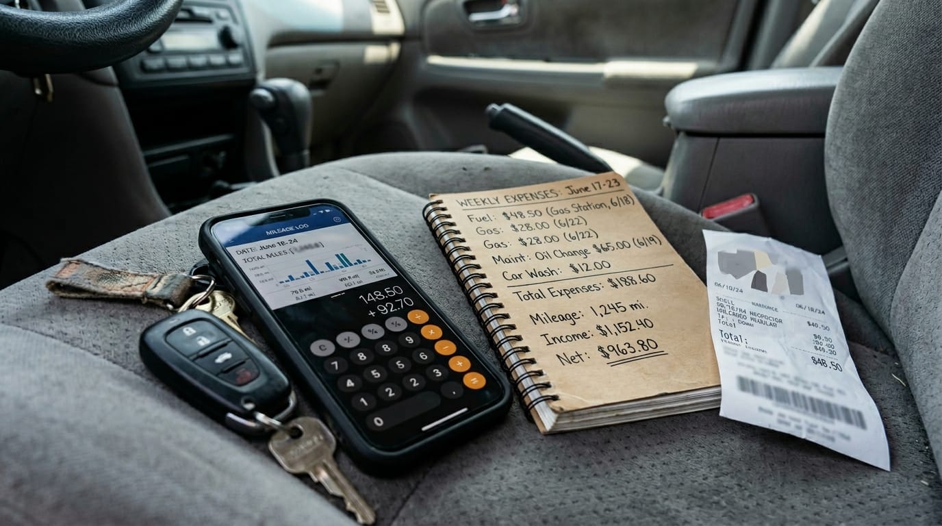 Mileage tracker fuel receipt and weekly rideshare expense records