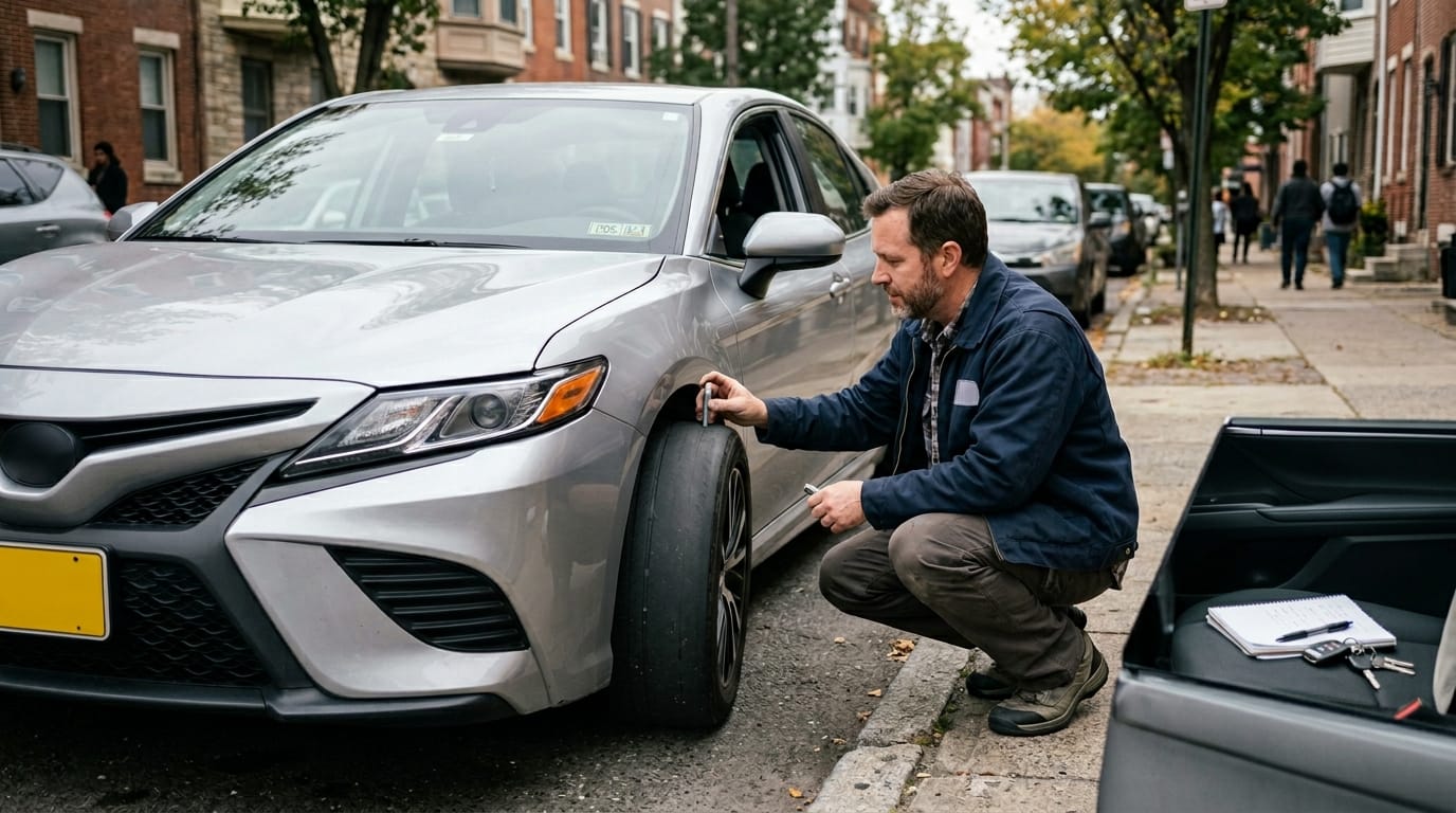 Rideshare driver checking vehicle wear and odometer mileage before work