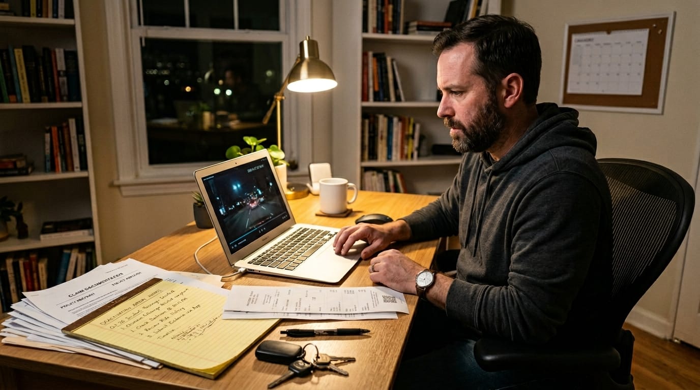 Rideshare driver reviewing dashcam footage for an insurance claim or appeal