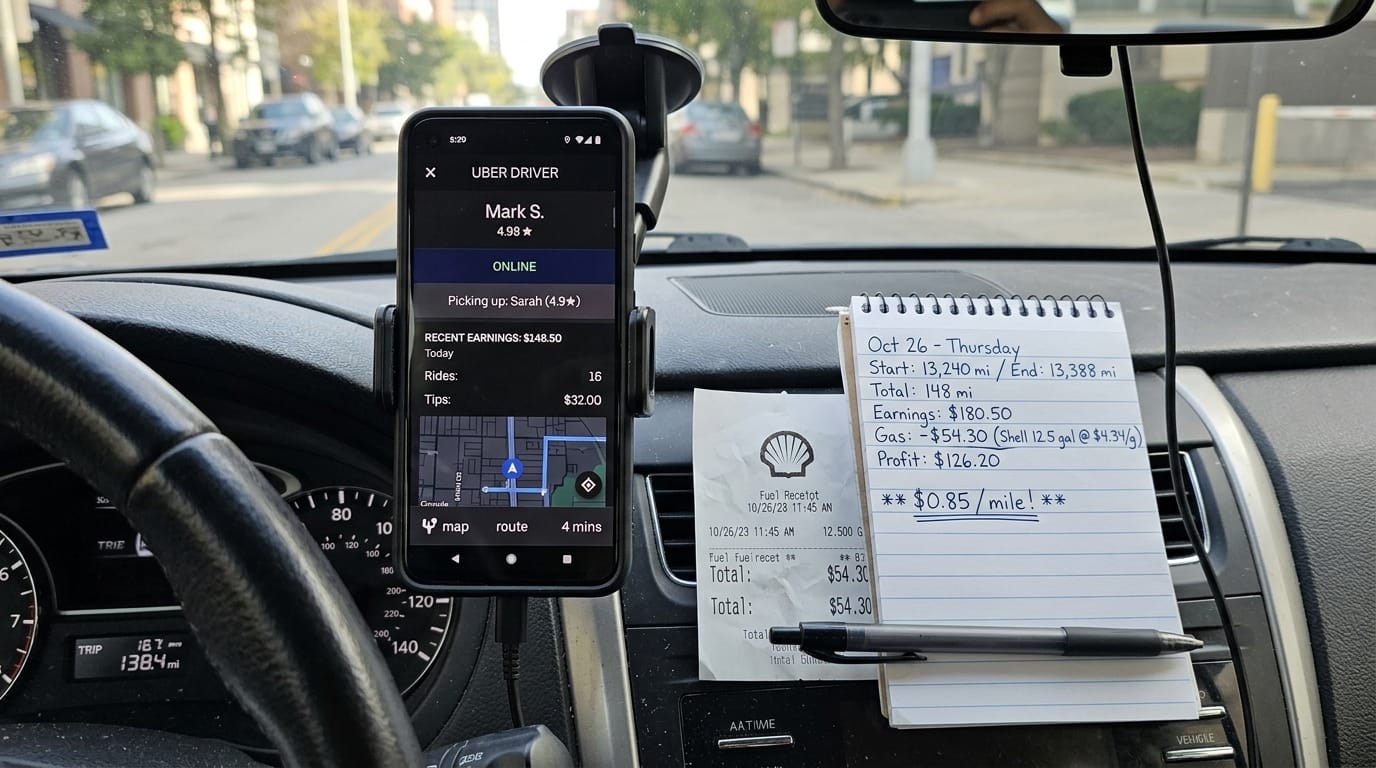 Rideshare earnings, mileage, and fuel tracking for pay transparency