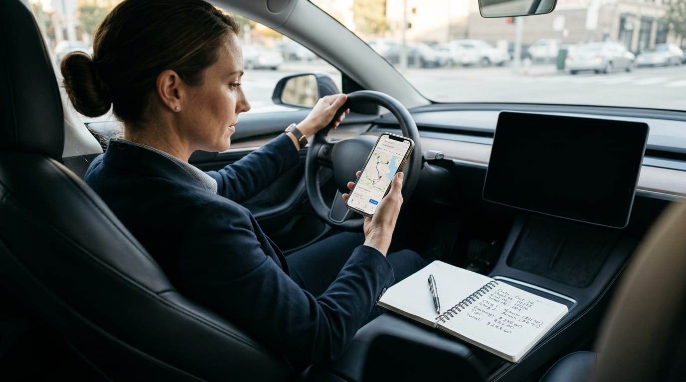 Rideshare EV driver planning charging time and trip earnings