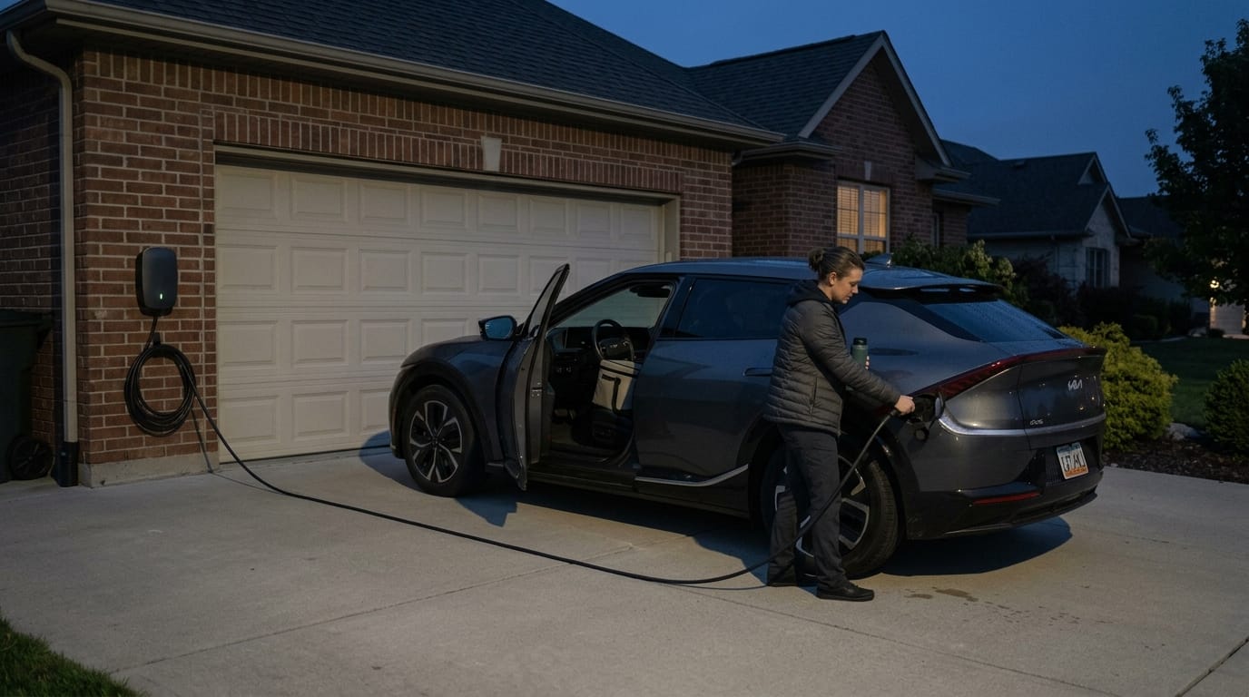 Rideshare driver charging an electric vehicle before a profitable shift